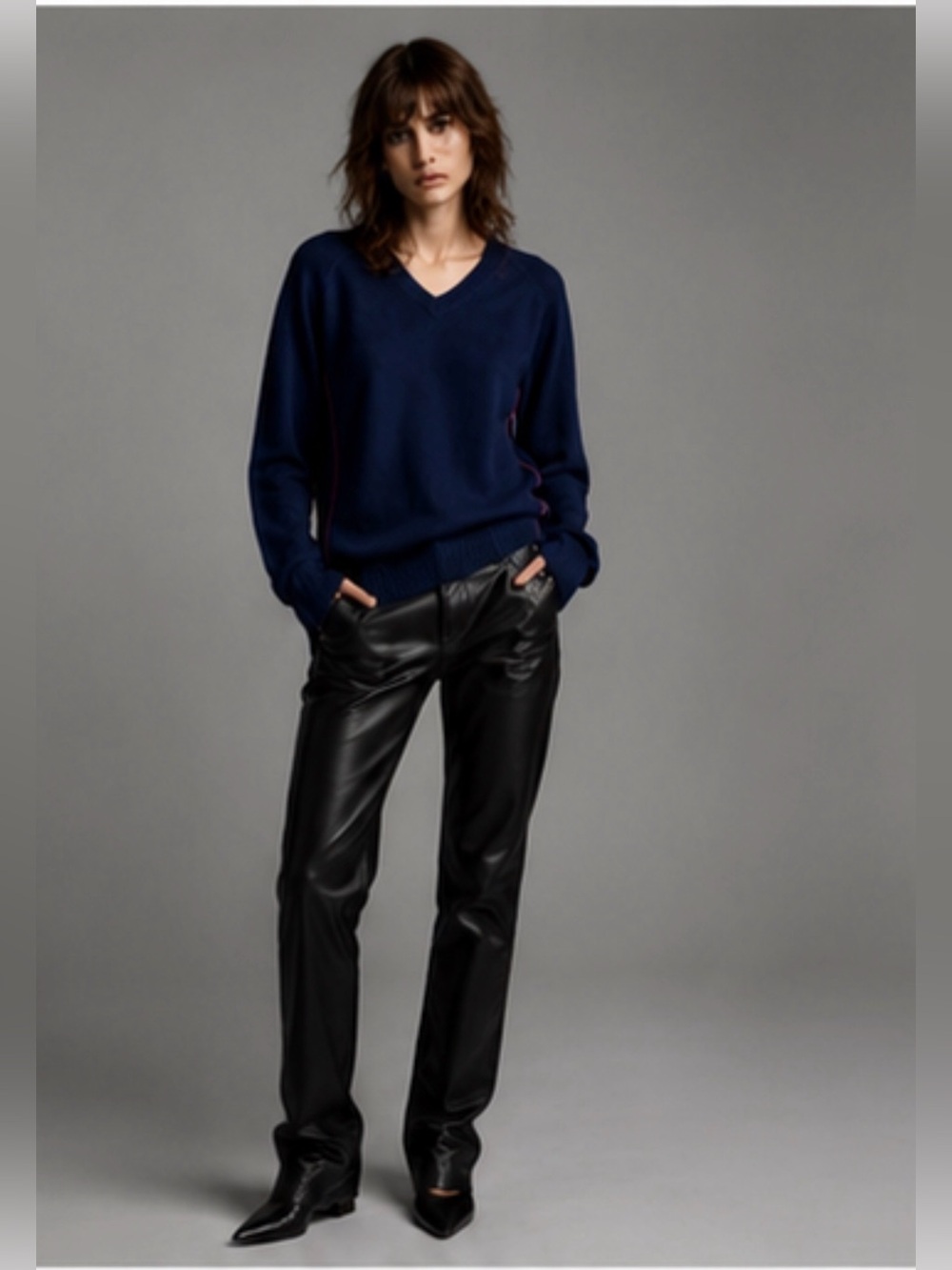 Helmut Lang Navy Cashmere Sweater Lge Hot Pink Side Stitch Minimalist Designer